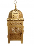 Lanterna Marroquina com ricos vazados em metal patinado de dourado. Medida total 26cm de altura.