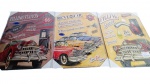 Lote com 3(três) placas de madeira com imagens de carros antigos. Medida 37x26cm. Lacradas na embalagem original.