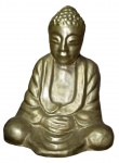 Antiga e grande escultura representando "Buda", confeccionada em fibra, patinada à ouro. Med.: 70 X 52.