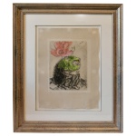 MARC CHAGALL (1887- 1985) - "O Judeu". Litografia aquarelada. Ass. a mão pelo artista com monograma M. CH. e numerada 02/100. MI 53 x 40 cm. ME 84 x 70 cm. Reproduzida em sites de pintura internacional.,Marc Chagall foi um pintor, ceramista e gravurista surrealista judeu russo-francês. Considerado um pintor solar, abusou de cores, fantasias e sonhos em suas obras. No seio de uma família judaica, na sua juventude entrou para o ateliê de um retratista famoso da sua cidade natal. Lá aprendeu não só as técnicas de pintura, como a gostar e a exprimir-se nessa arte. Ingressou, posteriormente, na Academia de Arte de São Petersburgo, de onde rumou para a próspera cidade-luz, Paris.Ali entrou em contacto com as vanguardas modernistas que enchiam de cor, alegria e vivacidade a capital francesa. Conheceu também artistas como Amedeo Modigliani e La Fresnay. Todavia, quem mais o marcou, deste próspero e pródigo período, foi o modernista Guillaume Apollinaire, de quem se tornou grande amigo.É também neste período que Chagall pinta dois dos seus mais conhecidos quadros: Eu e a aldeia e O Soldado bebé, pintados em 1911 e 1912, respectivamente