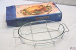 Suporte Em Aço Inox Com Pirex Oval Em Vidro. MEDINDO: PIREX 35CM X 25CM