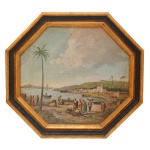 Escola de Rugendas - "Vista do Rio de Janeiro Antigo". Óleo s/ tela. Moldura de madeira de forma octogonal. 53 x 47 cm (MI). 66.5 x 60 cm (ME).