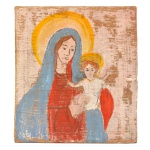 MÃOS DA TERRA – `Virgem Maria e Menino Jesus`. Assinado. 31 x 21 cm. Comunidade dedicada à pintura sobre madeira com temática religiosa e popular.
