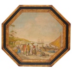Escola de Rugendas - "Vista do Rio de Janeiro Antigo". Óleo s/ tela. Moldura de madeira de forma octogonal. 53 x 47 cm (MI). 66.5 x 60 cm (ME).