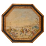 Escola de Rugendas - "Vista do Rio de Janeiro Antigo". Óleo s/ tela. Moldura de madeira de forma octogonal. 53 x 47 cm (MI). 66.5 x 60 cm (ME).