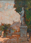 TULIO MUGNAINI (São Paulo, 1895 - 1975) - `Praça com Monumento`. Óleo s/ madeira. Ass. cid e datado de 926. 35 x 25 cm. 