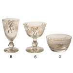Conjunto de taças em cristal liso ornamentado por guirlandas florais e fitas em dourado. Constando de 8 copos altos com pé (13 cm), 6 copos baixos com pé (11 cm) e 3 pequenos bowls (6 cm). Total de 17 peças.