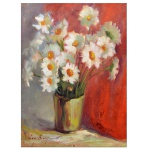 LECY BONFIM (Santos, SP, 1927  - 2013)  - "Vaso de Flores". Óleo s/ tela. Ass. cie. 29 x 39 cm. Iniciou seus estudos artísticos com o prof. José Roncolleto Lubra, em 1945. Em São Paulo, onde foi ativa até o ano de 2000, estudou com os profs. Joseph Trabulsi, Silvio Alves e Arlindo Castellane. Entre 1946 e 1978, expôs em Salões Oficiais no eixo Rio-São Paulo, recebendo muitas premiações, inclusive em Salões Internacionais de que participou de 1979 a 1987. Participou da Bienal Internacional de São Paulo em 1976. Expõe em coletivas e individuais a partir de 1974, entre elas 12, 13 e 14a. Exposição de Artistas Contemporâneos da Sociearte (1993-1994-1995), Galeria Clube Atlético Paulistano - SP (1979), entre outras. Suas obras constam de acervos particulares e de museus, tais como o de Santiago, no Chile, PINACOTECA-SP, Municipal de Taubaté-SP, etc. JULIO LOUZADA, vol.1, pág. 138.