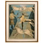 ZORAVIA BETTIOL (Porto Alegre, Rio Grande do Sul, 1935).  "Bailarina do Guarda Sol". Xilo ou Lito??? 17/70. Ass. 75 x 56 cm (MI). 88 x 80 cm (ME). Artista plástica e arte educadora brasileira. Com mais de 50 anos dedicado às artes produz gravura, pintura, desenho, arte têxtil, arte mural e instalações. Entre 1952 e 1955 fez estudos de pintura no Instituto de Belas Artes, em Porto Alegre. Entre 1956 e 1957, estudou desenho e xilogravura no atelier de Vasco Prado (com quem foi casada durante 28 anos) e, em 1968, tapeçaria no atelier de Maria Laskiewicz, em Varsóvia, na Polônia. Artista premiada, participou de importantes exposições coletivas e individuais, no Brasil e no exterior, entre as quais em Montevidéu, Punta del Leste Washington, D. C., Praga, Varsóvia, Genebra, Lisboa, Roma, Milão, Madri, Buenos Aires, Estocolmo e Paris.