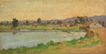INOCENSIO BORGHESE - `Lagoa em Guarulhos`. Óleo s/ placa. Ass. cid e datado de 1973. 26 x 49 cm.