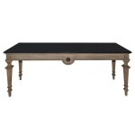Mesa de apresentação de estilo, em madeira patinada. Tampo de forma retangular na cor preta. Pernas retas e caneladas. Séc. XX. 81 x 200 x 80 cm.