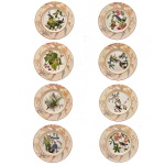 Belíssimo conjunto de oito pratos de porcelana inglesa, apresentando rica decoração com pássaros de diferentes espécies entre folhagens, identificados no verso de cada prato.  Decoração em filetes em ouro completam a decoração. No verso as inscrições: The John James Audubom Birds of America  The Woscester Royal Porcelain Company Limited. Edições Comemorativas, Limitadas e numeradas. 27 cm. John James Audubon foi um naturalista americano de origem francesa, especializado na ilustração científica de aves. O seu trabalho mais conhecido The Birds of América alcançou, durante a sua vida, sucesso comercial e trouxe-lhe enorme popularidade junto do público.
