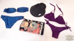 Kit  Praia 4 Peças Sendo 2 bi quines, 1 Canga  e 1 Boné .  Medidas: azul sem tamanho , roxo sutiã M , calcinha P.Composição 84% poliamida e 12% elastano
