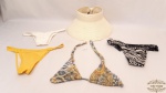 Kit  Praia 5 Peças Monte seu Biquíni sendo 3 Calcinhas, 1 sutiã e 1 Viseira. Medidas: calçinha amarela G, calçinha branca M , Calcinha preta M. Sutiã sem tamanho.Composição 84% poliamida e 12% elastano