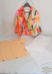 Jogo de 3 peças femininas, 1 blusa , 1 blaiser colorido , Ruben Blue, 1 calça Medidas: blusa amarela GG, blazer 42, calça 46.. Todas as peça s estao em otimo estado de conservaçao
