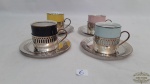 4 xícaras de café em porcelana Steatita e Maua Colorido suporte vazado em prata 90.  Medidas: pires 10cm diâmetro, xícara 5cm de altura e diâmetro marcado : Steatita e Maua.