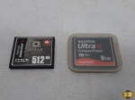 Lote de 2 cartões Compact Flash, sendo um da Sandisk Ultra II de 8gb e um da Lexar de 512mb.