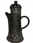 Grande bule  em  ceramica com alça e tampa desenho nos tom  azul assinado Viki altura 38 cm