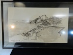 Desenho a crayon retratando  Lagoa Rodrigo de Freitas e praia de Ipanema ano de 1890  assinado Monica Magalhães  medindo 34 x 58 cm