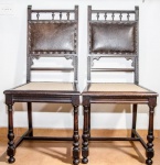 Conjunto de 6 cadeiras em madeira nobre com assento em palhinha e encosto em couro. 97 cm altura.