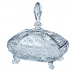 Grande bomboniere estilo art deco, em grosso cristal ecológico lapidado e bizotado, med. 20 x 15 x 25cm.