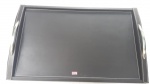 Grande tabuleiro p/ bar estilo art deco, revestida em couro ecológico preto, alças em metal prateado, med. 36 x 58 x 6cm.