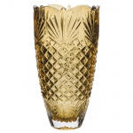 BOHEMIA - Vaso floreira tcheco estilo Luiz XVI, em cristal ecológico âmbar, lapidado e bizotado em palmas e carreaux, selado, med. 13 x 25cm.