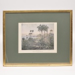 Antiga gravura emoldurada com cena do Rio de Janeiro representando "Praia de Copacabana". Med: 39 x 29cm