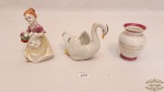 Lote de 3 bibelots em porcelana variados.Medidas: maior 13 cm de altura , menor 9 cm de altura.