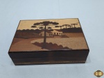 Caixa retangular em madeira marchetada. Medindo 18cm x 12,5cm x 5,5cm de altura.