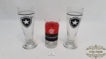 lote 3 Peças 3 Copos de Cerveja Botafogo e Flamengo em Vidro. Medidas: 15cm de altura maior, 12cm de altura menor