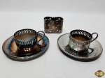 Lote composto de 2 suportes para xícara de café e 1 argola de guardanapo em prata 90.