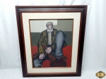 Quadro com óleo sobre tela, retratando homem sentado, assinado Aguillar, com moldurar em madeira. Medindo a moldura 74cm x 63cm.
