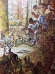 Eugênio de Proença SIGAUD "Acidente no trabalho" 1944. Antiga Reprodução de alta qualidade em papel texturizado. Dimensões: 46 cm x 32 cm. Apresenta manchas do tempo. Pintor, gravador, artista gráfico, ilustrador, cenógrafo, crítico, professor, arquiteto e poeta. Forma-se em engenharia agronômica em 1920, na Escola de Agronomia de Belo Horizonte. Em 1921 frequenta o curso livre da Escola Nacional de Belas Artes - Enba, e é aluno de Modesto Brocos. Mais tarde, em 1927, ingressa no curso de arquitetura da Enba, que conclui em 1932.  Sigaud participa do 38º Salão Nacional de Belas Artes, organizado em 1931 pelo urbanista Lucio Costa, conhecido como Salão Revolucionário por permitir a exibição da obra de todos os inscritos, causando a polêmica que leva ao afastamento do urbanista da direção da instituição. Em seguida Sigaud forma, ao lado de Quirino Campofiorito, Milton Dacosta, Joaquim Tenreiro e José Pancetti, o Núcleo Bernardelli, em 1931. Movimento de oposição ao conservadorismo reinante na Enba, o grupo propõe, entre outras iniciativas, a democratização do ensino técnico e o acesso livre aos salões de arte. Em 1935, o grupo é expulso dos porões da Enba por pressão dos acadêmicos, mas continua unido até o início da década seguinte. Também em 1935 Sigaud ingressa no Grupo Portinari, agremiação informal que se reúne em torno de Candido Portinari, tendo como uma de suas principais linhas de atuação a pintura mural. Sigaud torna-se um dos principais porta-vozes do muralismo ao publicar, no mesmo ano, o artigo Por que É Esquecida entre Nós a Pintura Mural?, no Jornal de Belas Artes. É um dos artistas brasileiros selecionados para a 1ª Bienal Internacional de São Paulo, no Pavilhão do Trianon. A convite de seu irmão, o bispo dom Geraldo Sigaud, projeta e decora a Catedral Metropolitana de Jacarezinho, no Paraná,  entre 1954 e 1957.