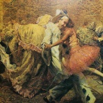 Rodolfo Chambelland "Baile à fantasia". Antiga Reprodução de alta qualidade em papel texturizado. Dimensões: 46 cm x 32 cm. Apresenta manchas do tempo. Pintor, professor, desenhista e decorador. Inicia seus estudos em artes no Liceu de Artes e Ofícios do Rio de Janeiro (Rio de Janeiro RJ). Trabalha inicialmente realizando capas de partituras para a Casa Bevilacqua e retoques em fotografias para a Casa Bastos Dias. Em 1901, ingressa no curso livre da Escola Nacional de Belas Artes - Enba, onde é aluno de Rodolfo Amoedo (1857 - 1941), Zeferino da Costa (1840 - 1915) e Henrique Bernardelli (1858 - 1936). Em 1905, recebe o prêmio de viagem da Enba pelo quadro Bacantes em Festa e viaja para Paris no mesmo ano, onde permanece por dois anos. Em Paris, cursa a Académie Julien e estuda com Jean-Paul Laurens (1838 - 1921). Ao retornar ao Brasil realiza a primeira individual, no Rio de Janeiro, em 1908. Em 1911, viaja para Turim, Itália, acompanhado de Carlos Chambelland (1884 - 1950), seu irmão, e dos artistas João Timótheo da Costa (1879 - 1930) e do irmão Arthur Timótheo da Costa (1882 - 1922), entre outros, contratados pelo governo brasileiro para realizar a decoração do Pavilhão do Brasil na Exposição Internacional daquela cidade. Em 1916, assume a cadeira de professor de desenho de modelo vivo da Enba, cargo que exerce até 1946. Participa freqüentemente das Exposições Gerais de Belas Artes, entre 1896 e 1927, recebendo a pequena medalha de ouro, em 1912, pelo retrato de José Mariano Filho. Em colaboração com Carlos Chambelland, pinta oito painéis para a cúpula da sala de sessões do Palácio Tiradentes, no Rio de Janeiro em 1920.