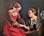 Antiga reprodução "Saint Cecilia and in angel" - Orazio Gentileschi 1625. Moldura em madeira  na cor preto fosco, envidraçado. Perfeito estado de conservação. Dimensões: Total 37 cm x 42 cm / Imagem 21,5 cm x 26,5 cm.
