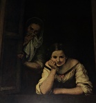 BARTOLOMÉ ESTEBAN MURILLO - "A girl and her duenna" - Belíssima reprodução de pintura estilo Barroco de 1642. Moldura em madeira  na cor preto fosco, envidraçada. Excelente estado de conservação. Dimensões: Total 42,5 cm x 37,5 cm / Imagem 26,5 cm x 22 cm. Bartolomé Esteban Murillo (Dezembro de 1617 - Abril de 1682) foi um pintor Barroco Espanhol. Era o pintor mais popular de Sevilha, no final do século XVII. Murillo é mais conhecido por obras com temas religiosos, porém ele também produziu uma série de pinturas de gênero, de figuras da vida contemporânea, envolvidas em atividades corriqueiras. Duas Mulheres em uma Janela é um exemplo notável. Uma mulher que está em pé, tenta esconder um sorriso com o xale enquanto espia atrás de uma persiana parcialmente aberta, enquanto uma mulher mais jovem se inclina no peitoril da janela, olhando para o espectador.