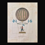 FRANÇA 1950 - Antiga Litogravura Francesa, de coleção, com imagem de balão ao centro e na parte inferior  inscrição " Ascension sur son Cerf Aéronaute Coco 1817 ". Presença de manchas do tempo. Dimensões: 41 cm x 31 cm.