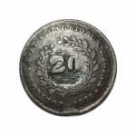 Antiga moeda Portuguesa em cobre de 20 Réis de 1838. Exemplar de coleção. Presença de marcas do tempo.