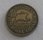 Moeda Escassa- Líbano 10 Piastres 1955, Barco Fenício
