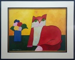 ALDEMIR MARTINS, Gato vermelho com vaso de flores - Acrílica sobre tela - 60x0 cm - ACIE 2000 Com certificado de autenticidade