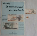 Cartas de nota de 50 Cruzados Novos - Banco Central do Brasil -  nota de 50 cruzados novos  e selo, todos com esfinge de Carlos Drummond de Andrade.