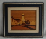 Paisagem com Igreja - Quadro em Madeira machetada - Paraná cerca de 1940 - med 19x24 cm sem moldura e 34x39 cm com moldura
