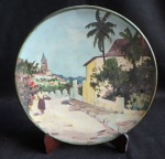 MEDALHÃO - Óleo sobre cerâmica, pintado a mão, paisagem típica, c.50, peça atribuída a Itália. Diam.36cm
