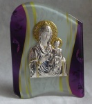 Espetacular Ícone italiano de metal sobre resina, representando nossa senhora com criança no colo - Med. 20 x 15 cm
