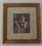 Gravura colorida retratando menina com pato ao colo, medindo 32 cm x 34 cm.-