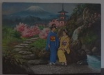 Escola Japonesa - Linda Pintura Óleo sobre Eucatex - Representando Gueixas no Jardim, sem moldura - Med. aprox. 80cm x 50cm