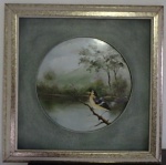 Assinatura não identificada- ''Paisagem com Lago e Ave'' pintura sobre placa de porcelana, assinado no canto inferior direito. Med:24cm