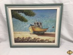 Quadro com óleo sobre tela retratando um barco de pesca, assinado Sandro Jose com moldura em madeira. Medindo a moldura 60,5cm x 50cm e a tela 49cm x 39cm.