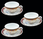 3 (Três) Xícaras Chá com Pires em Porcelana SCHMIDT na Cor Branca com Barrado Rosado e Ouro Próximo a Borda e Pintura Floral - Década 60